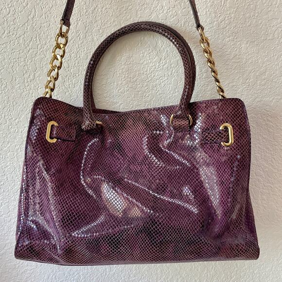 Michael Kors Hamilton Leather Purse Purple Snake Print Gold Chain - Picture 8 of 16